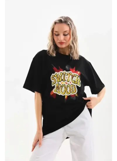 Unisex Baskılı Oversize T-Shirt - Siyah