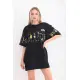 Unisex Bisiklet Yaka Baskılı Oversize T-Shirt - Siyah