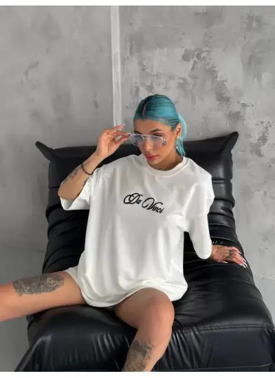 Unisex Baskılı Oversize T-Shirt - Beyaz