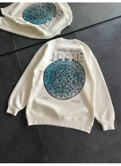 Üç İplik Bisiklet Yaka Baskılı SweatShirt - Beyaz