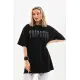 Unisex Taş Desenli Oversize T-Shirt - Siyah