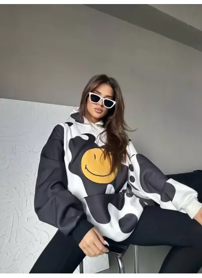 Smiley Face Kapüşonlu Sweatshirt - Siyah