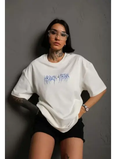 Unisex Bisiklet Yaka Baskılı Oversize T-Shirt - Beyaz