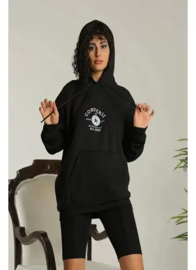 Unisex Kapüşonlu Üç İplik Oversize Baskılı Sweatshirt - Siyah