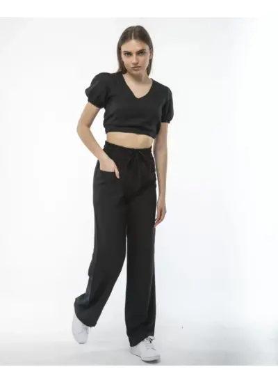 Kadin Keten Pantalon Ve Crop Takım - Siyah