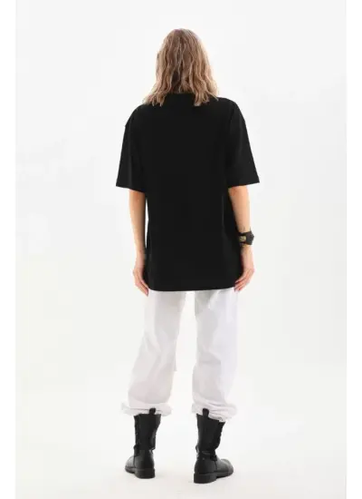 Unisex Bisiklet Yaka 20/1 Düz Oversize T-Shirt - Siyah