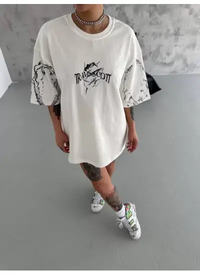 Unisex Bisiklet Yaka Baskılı Oversize T-Shirt - Beyaz