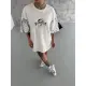 Unisex Bisiklet Yaka Baskılı Oversize T-Shirt - Beyaz