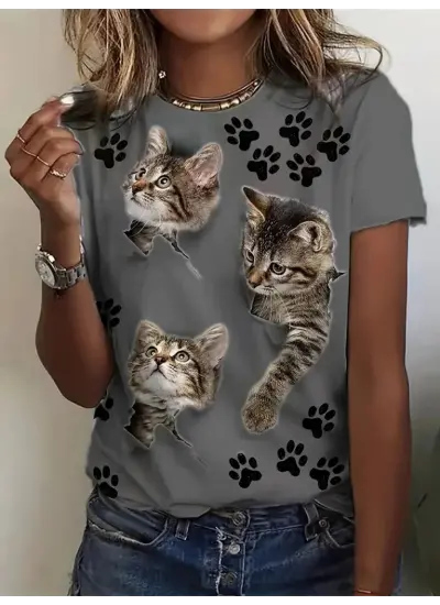 Kadın Kısa Kollu Kedi Ve Pati Baskılı Süprem T-shirt