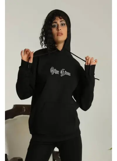 Sırt Baskılı Oversize Üç İplik Kapüşonlu Sweatshirt - Siyah