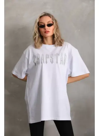 Unisex Taş Desenli Oversize T-Shirt - Beyaz