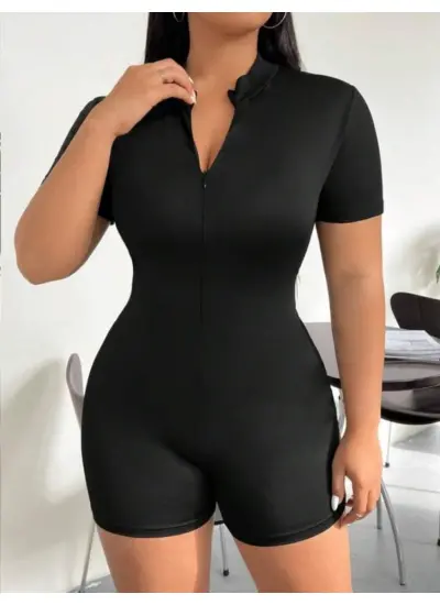 Kadın Kısa Kollu önü Fermuarlı Bodycon Dalgıç Tulum