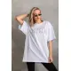 Unisex Taş Desenli Oversize T-Shirt - Beyaz