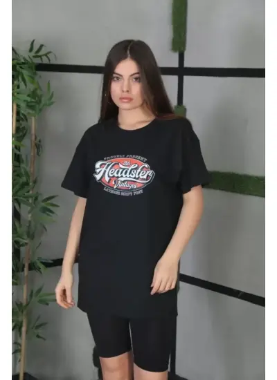 Unisex Baskılı Oversize T-Shirt - Siyah