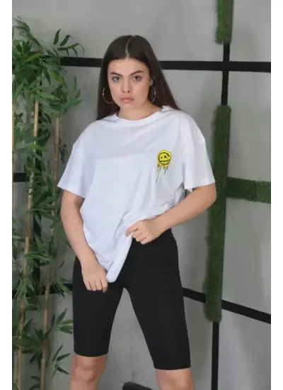 Unisex Bisiklet Yaka Baskılı Oversize T-Shirt - Beyaz