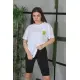 Unisex Bisiklet Yaka Baskılı Oversize T-Shirt - Beyaz