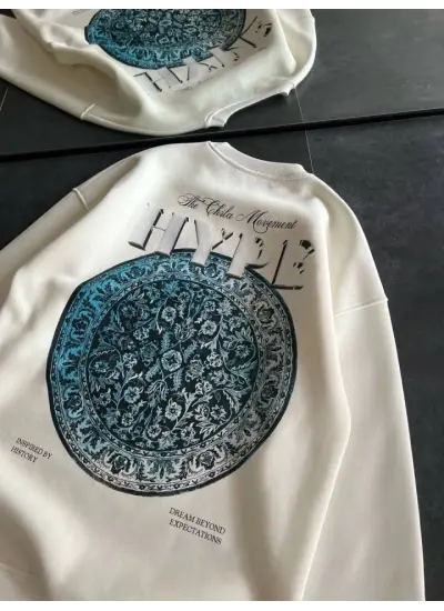 Üç İplik Bisiklet Yaka Baskılı SweatShirt - Beyaz