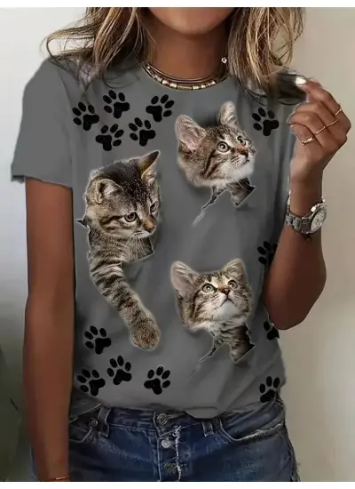 Kadın Kısa Kollu Kedi Ve Pati Baskılı Süprem T-shirt