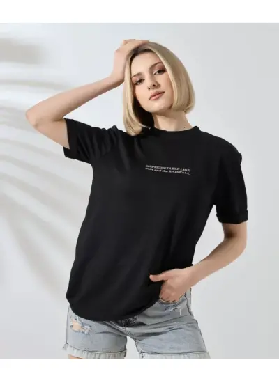 Unisex Bisiklet Yaka Baskılı Slim Fit T-Shirt - Siyah