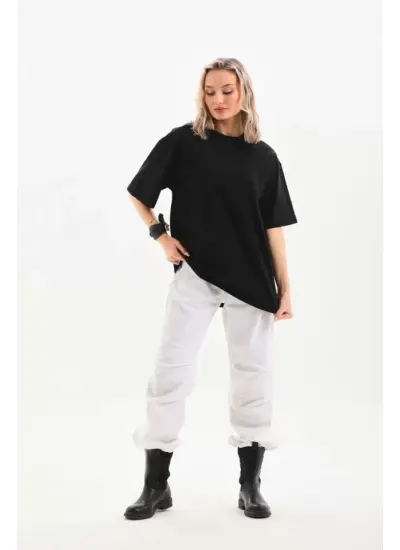 Unisex Bisiklet Yaka 20/1 Düz Oversize T-Shirt - Siyah