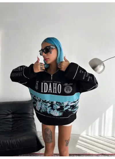 Yarım Fermuarlı Oversize Baskılı SweatShirt - Siyah