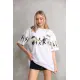 Unisex Bisiklet Yaka Baskılı Oversize T-Shirt - Beyaz