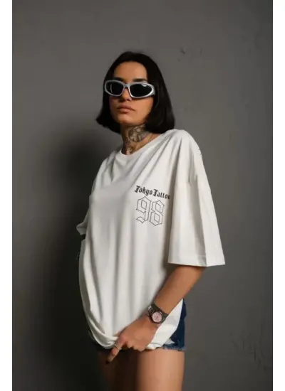 Unisex Bisiklet Yaka Baskılı Oversize T-Shirt - Beyaz