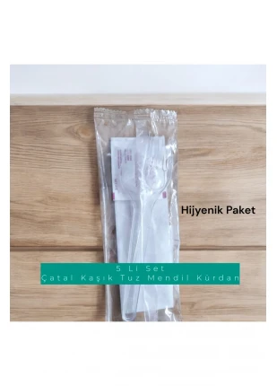 100 Adet 5 Li Çatal Kaşık Peçete Tuz Kürdan Set - Hijyenik Paket - Plastik Çatal Kaşık