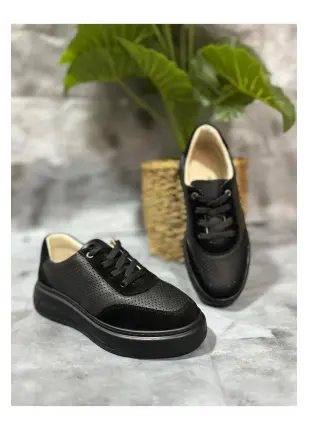 Hakiki Deri Kadın Siyah Spor Ayakkabı Yüksek Taban Sneakers-101-10