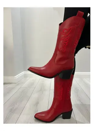 Mena Kadın Western Kovboy Nakışlı Topuklu Bot-kırmızı