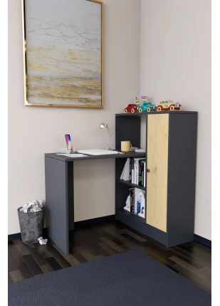 Drithe Modern Dolaplı Kitaplıklı Çalışma Masası Antrasit-Çam