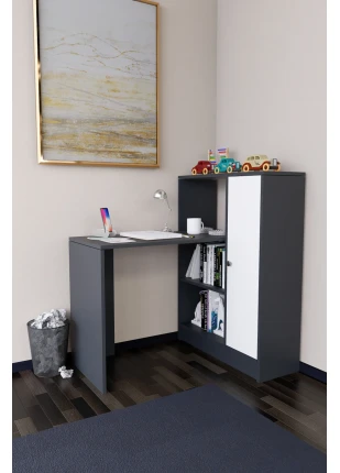 Drithe Modern Dolaplı Kitaplıklı Çalışma Masası Antrasit-Beyaz