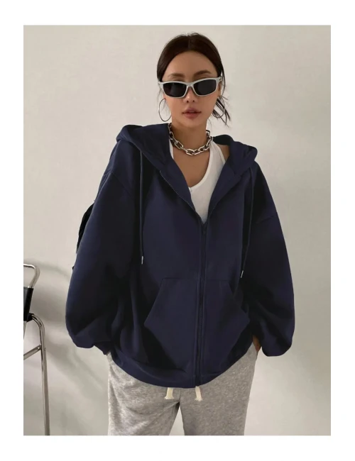 Unisex Gri Fermuarlı Kapüşonlu Hırka