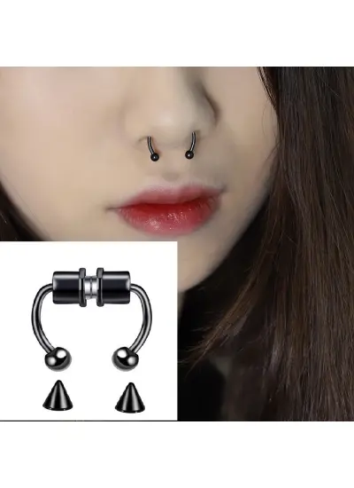 Siyah Mıknatıslı Fake Burun Piercing -Top Ve Ok Uçlu Paslanmaz Septum Deliksiz Pirsing