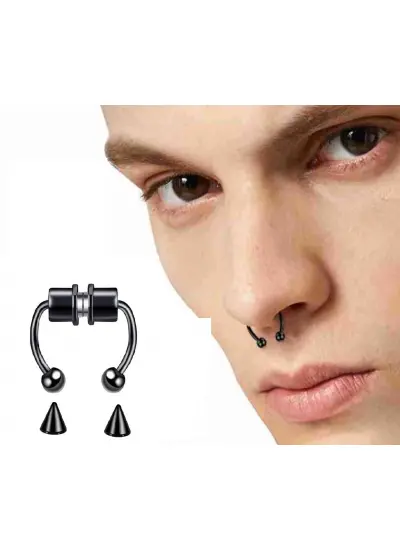 Siyah Mıknatıslı Fake Burun Piercing -Top Ve Ok Uçlu Paslanmaz Septum Deliksiz Pirsing