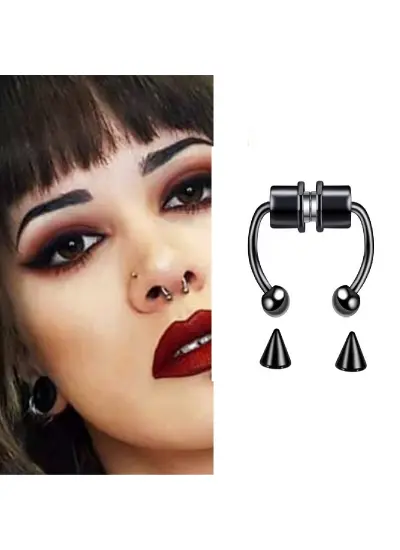 Siyah Mıknatıslı Fake Burun Piercing -Top Ve Ok Uçlu Paslanmaz Septum Deliksiz Pirsing