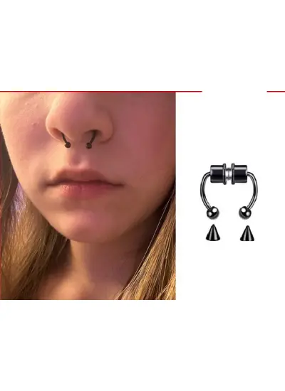 Siyah Mıknatıslı Fake Burun Piercing -Top Ve Ok Uçlu Paslanmaz Septum Deliksiz Pirsing