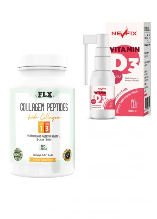 Collagen Peptides Balık Kollajen Tip 1-3 180 Tablet & Vitamin D3 400 Iu 20ml