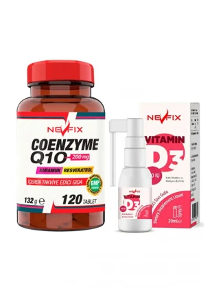 Coenzyme Q10 200 Mg Koenzim Q10 Karamuk 120 Tablet & Vitamin D3 Sıvı 20 Ml