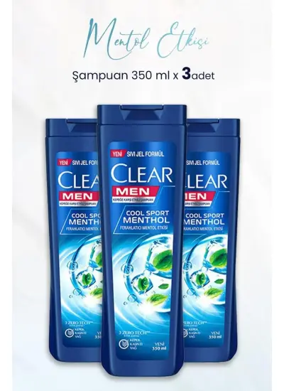 Clear Men Kepeğe Karşı Etkili Şampuan Ferahlatıcı Mentol Etkisi 350 ML x 3 Adet