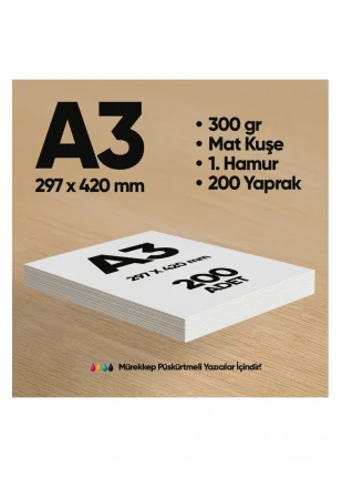 İnformal Baskı Kağıdı Premium Kalite A3 300 gr Mat Kuşe(Mürekkep püskürtmeli için) 200 Adet 1.Hamur