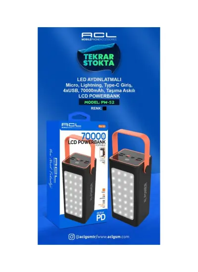 Acl PW-52 4XUsb 2.1A Lcd Gösterge Led Aydınlatmalı Mikro Type-C Lightning 70.000Mah Powerbank