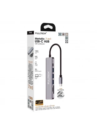 FH8 FULLTECH 7-in-1 USB-C Hub 3xUSB-A, 1xUSB-C ve 1xHDMI ve TF/SD kard Girişli, Metalik USB Çoklayıcı