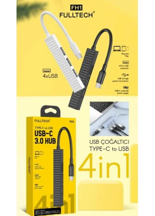 FULLTECH FH-1 4-in-1 USB-C Hub Tak Çalıştır, 4xUSB Portlu USB3.0 ve USB2.0 Destekli USB-C HUB
