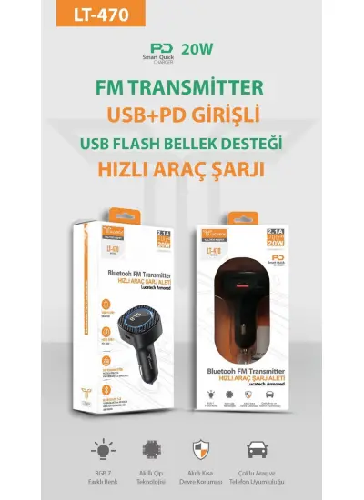 Lucatech LT-470 Usb Flash Bellek Desteği Hızlı Araç Şarjı