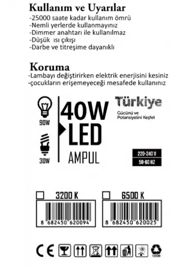 CFR 40wat Tasarruflu E27 Beyaz Renk Torch Led Ampul-2 Adettir