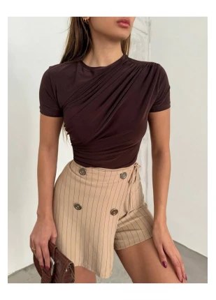 Pile Detaylı Kısa Kol Büzgülü Crop