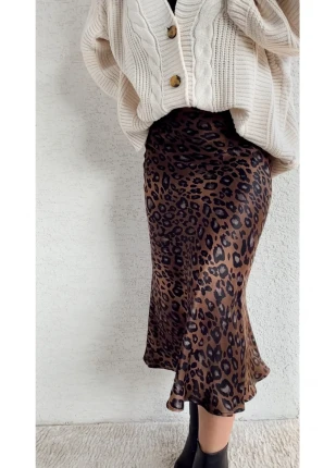 Leopar Desenli Saten Midi Etek