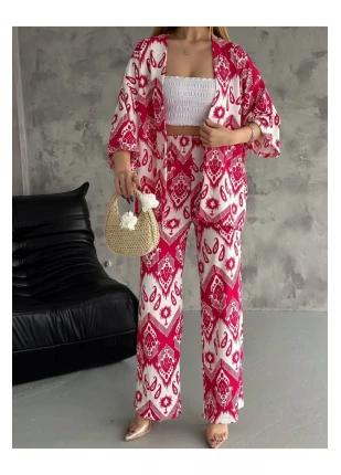 Desenli Likralı Bürümcük Kumaş  Yazlık Kimono Takım