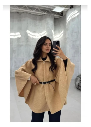 Tek Düğme Kemerli Buklet Kumaş Kimono Panço